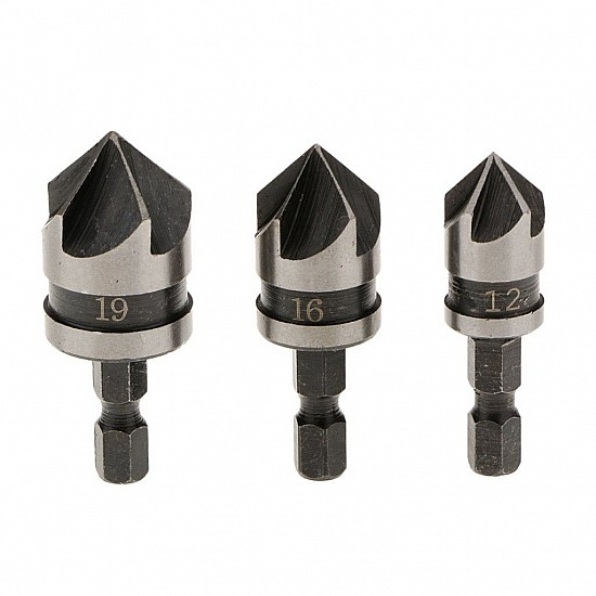 1/4-inch Hex 12, 16, 19 mm Countersink Power Drill Bit Bore for Wood Metal - Set of 3 1/4-inch Hex 12, 16, 19 mm Countersink Power Drill Bit Bore for Wood Metal - Set of 3