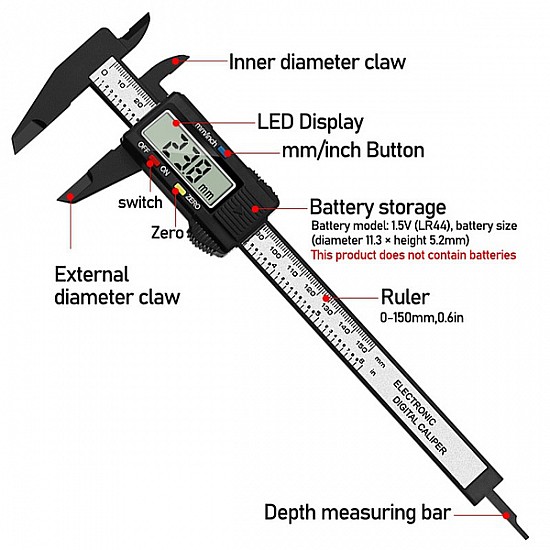 150mm/6Inch LCD Digital Electronic Carbon Fiber Vernier Caliper Gauge Micrometer