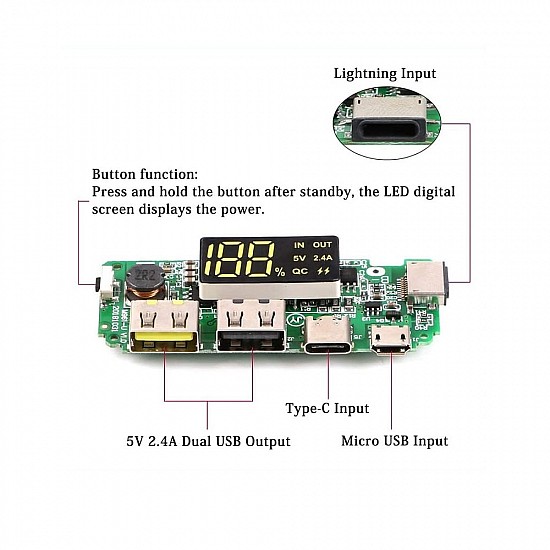 18650 5V 2.4A Lithium Battery Digital Display Charging Module with Dual USB Display Booster Module