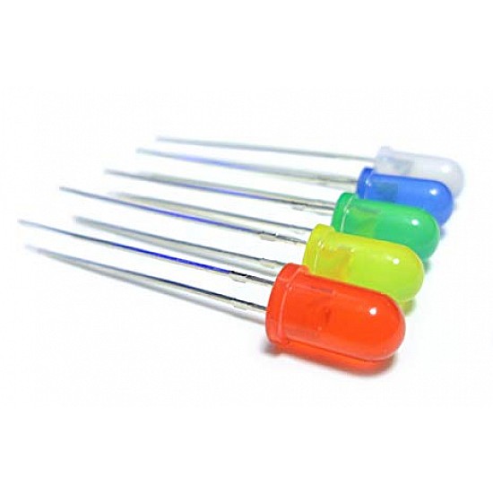 Pack of 25 - 5 Colours LEDs 5mm (White,Green,Red,Yellow and Blue)