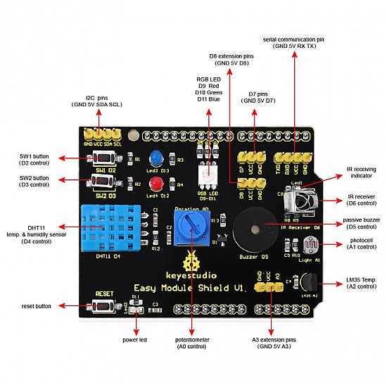 9IN1 Multifunction Arduino Shield DHT11/LM35/Buzzer/Humidity/Ir Receiver/Potentiometer/LED/Switch/LDR Sensor Arduino