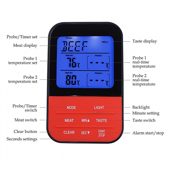 Digital Wireless Remote BBQ Thermometer Dual Probe