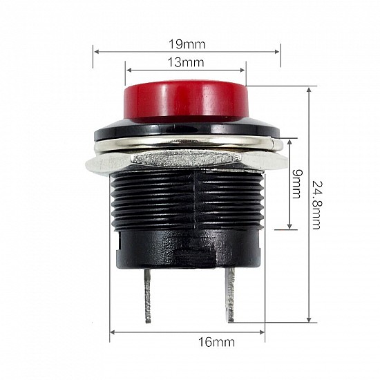 R13-507 16MM 2 Pin Self-Reset Round Cap Push Button Switch - Red