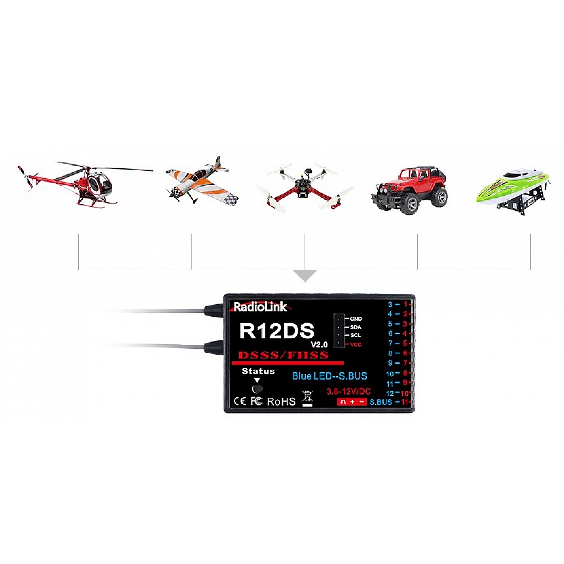 Radiolink AT10II transmitter with R12DS 12 Channels Receiver for racing