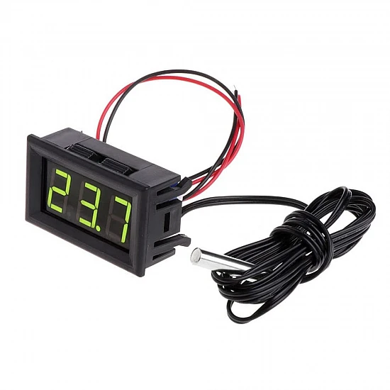 12V Digital Electronic Thermometer - Green LED Display - Waterproof Probe