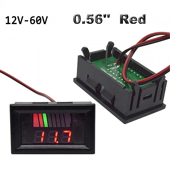 Waterproof 12V-60V Universal Battery Capacity & Voltmeter - Red Display