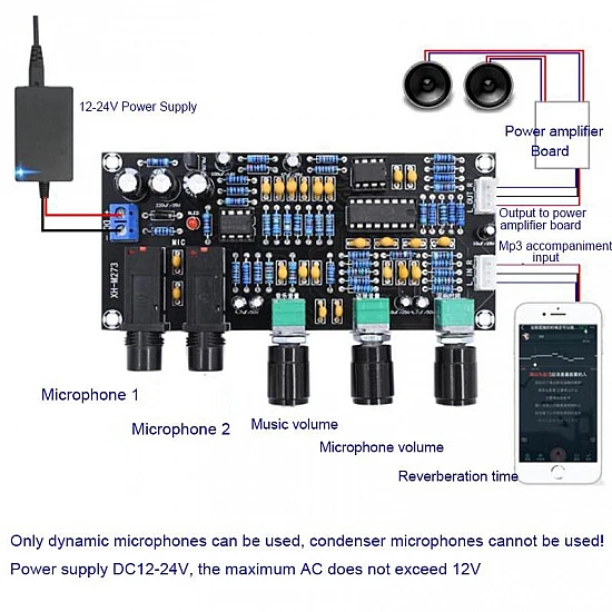 XH-M273 Digital Karaoke Reverb Board - PT2399 Dual Mic Amplifier DC 12-24V