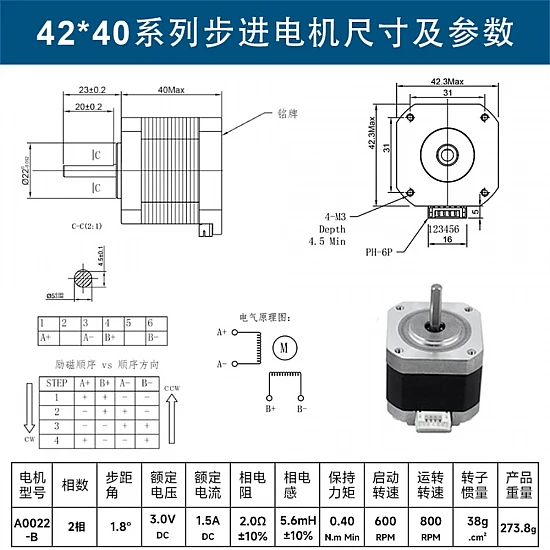 NEMA 17 Stepper Motor 42x40mm 1.5A 0.40Nm A0022-B withg Wire