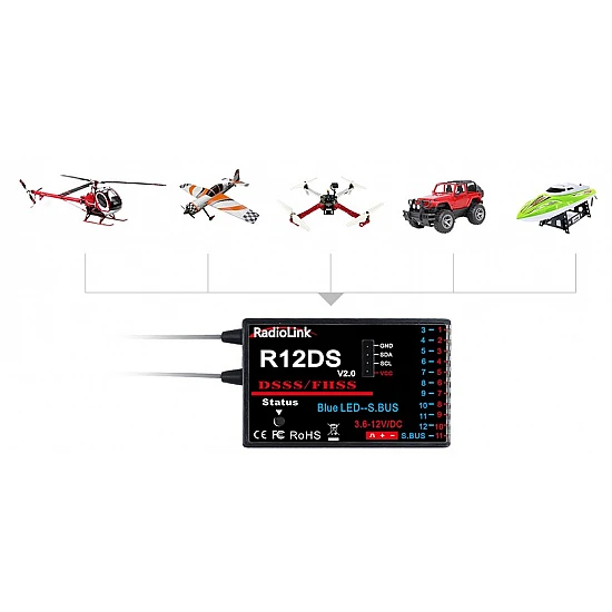 Radiolink AT10II transmitter with R12DS 12 Channels Receiver for racing drone, fixed wing, helicopter, glider, cars and boats