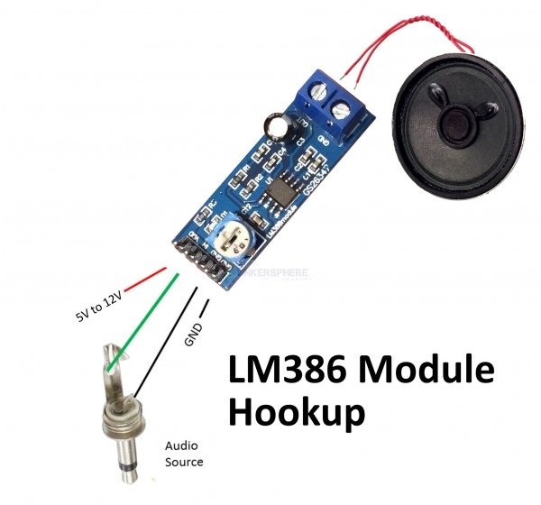 connection diagram for lm386 audio amplifire module.